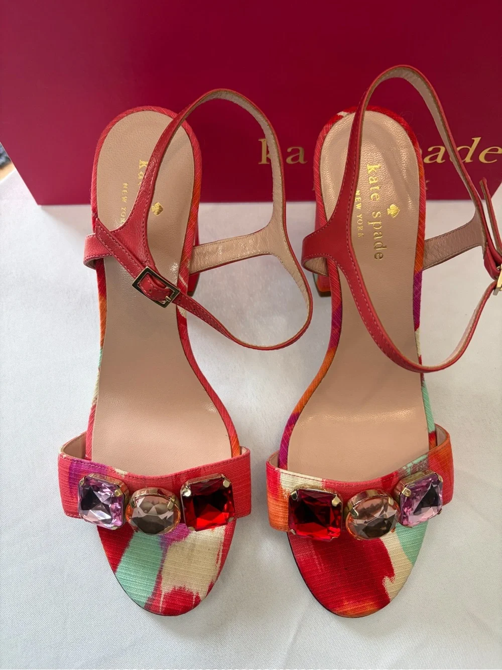 kate spade Pink Multicolor Jewel-Embellished Block Heel Sandals